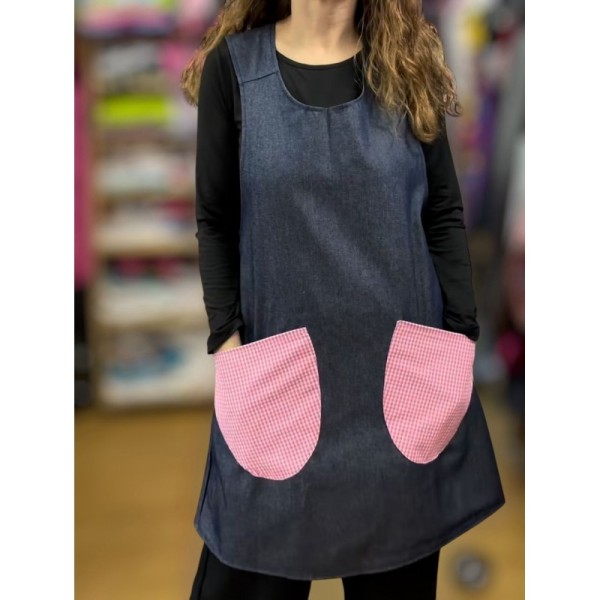 Delantal Cruzado de Denim con 2 Bolsillos de Cuadros Rosas