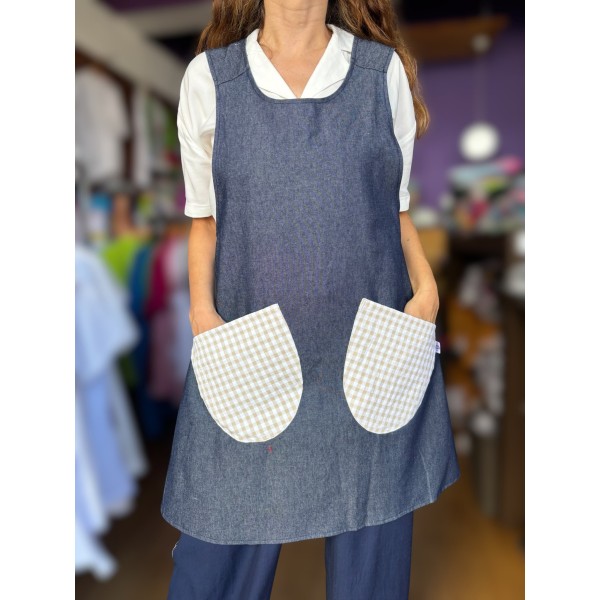 "Beige Checkered" Denim Cross-Over Apron