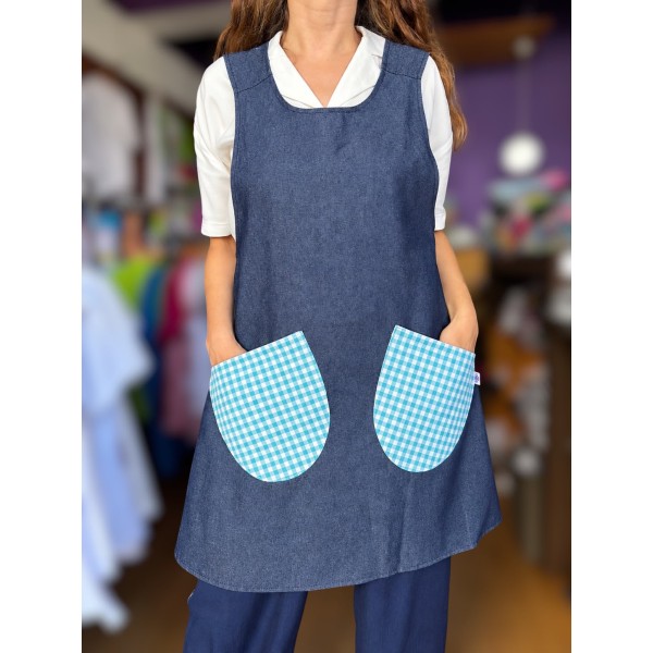 Grembiule incrociato in denim "Quadri turchesi"